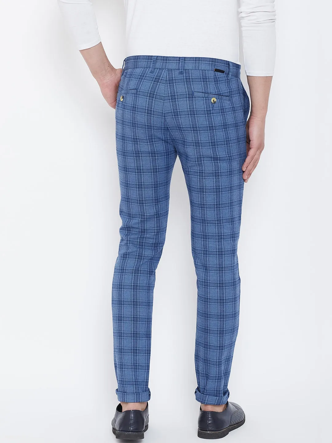 JUMP USA Men Blue Check Slim Fit Cotton Casual Trousers