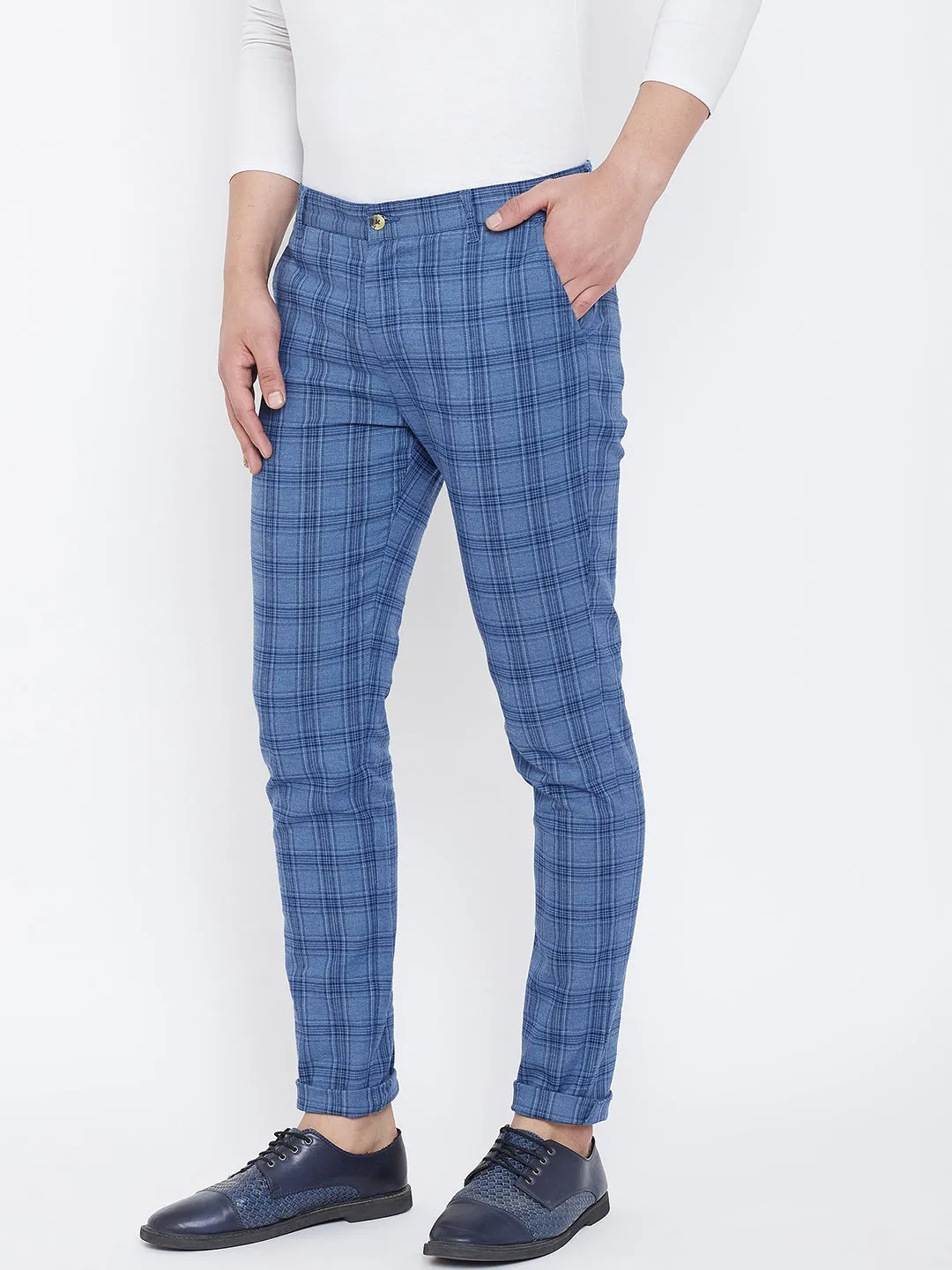 JUMP USA Men Blue Check Slim Fit Cotton Casual Trousers