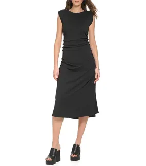 Knit Jewel Neck Ruched Dress Black