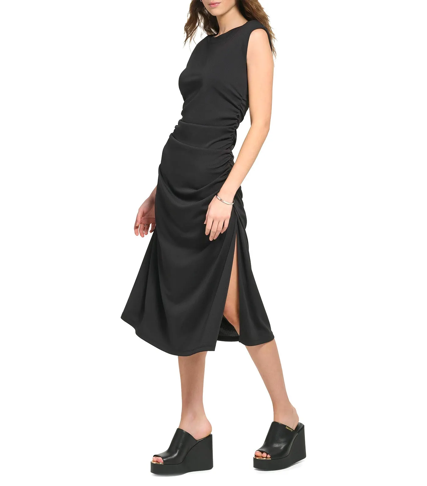 Knit Jewel Neck Ruched Dress Black