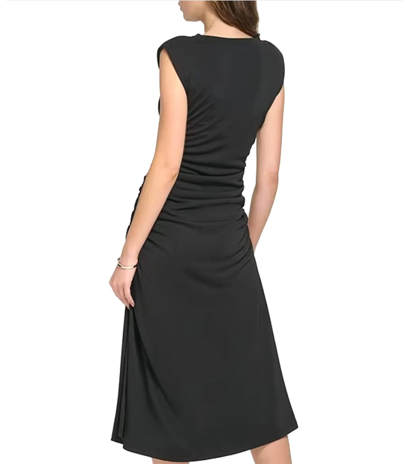 Knit Jewel Neck Ruched Dress Black