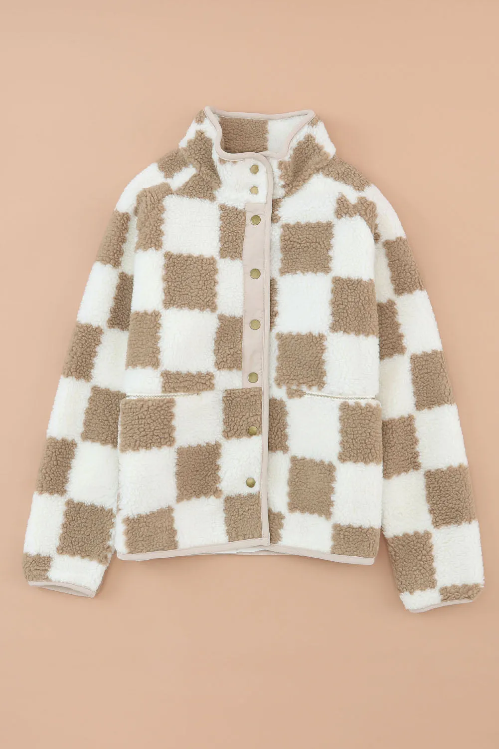 Lapis Checked Snap Button Zip Pockets Sherpa Jacket