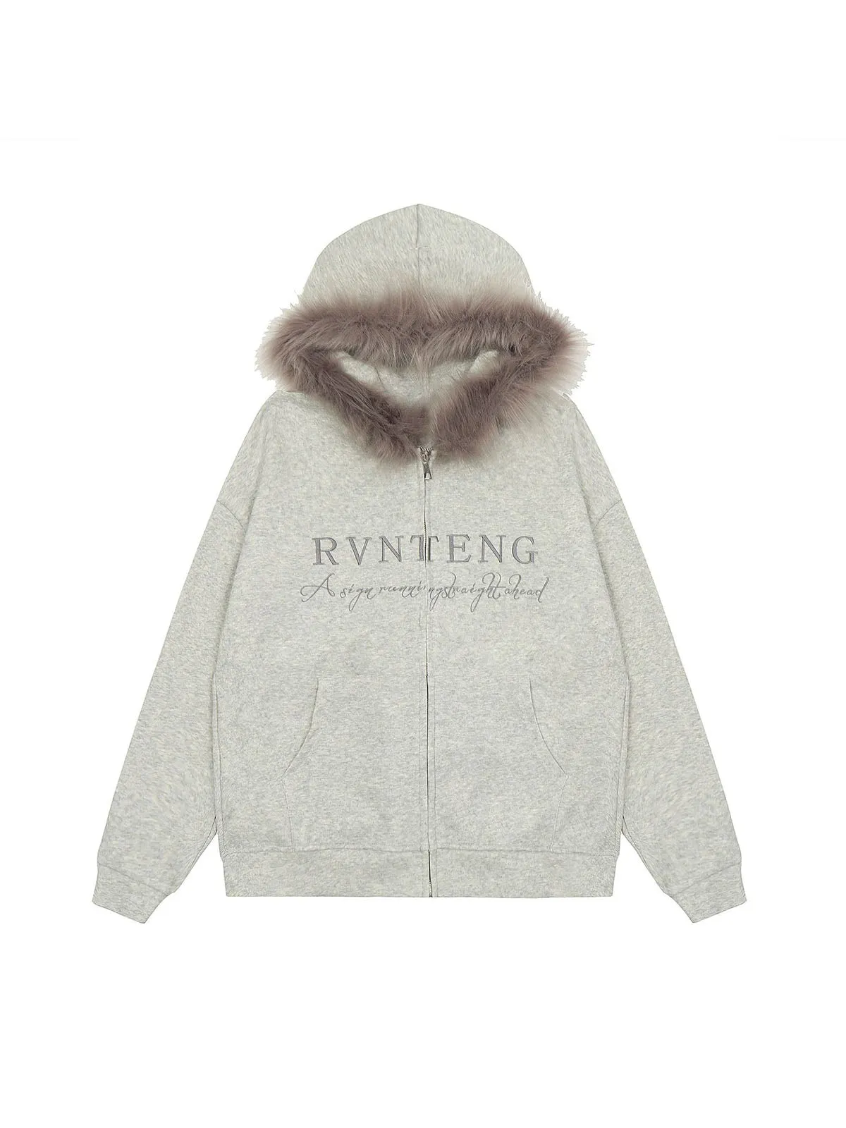 Letter Embroidered Fur Hooded Fleece Jacket