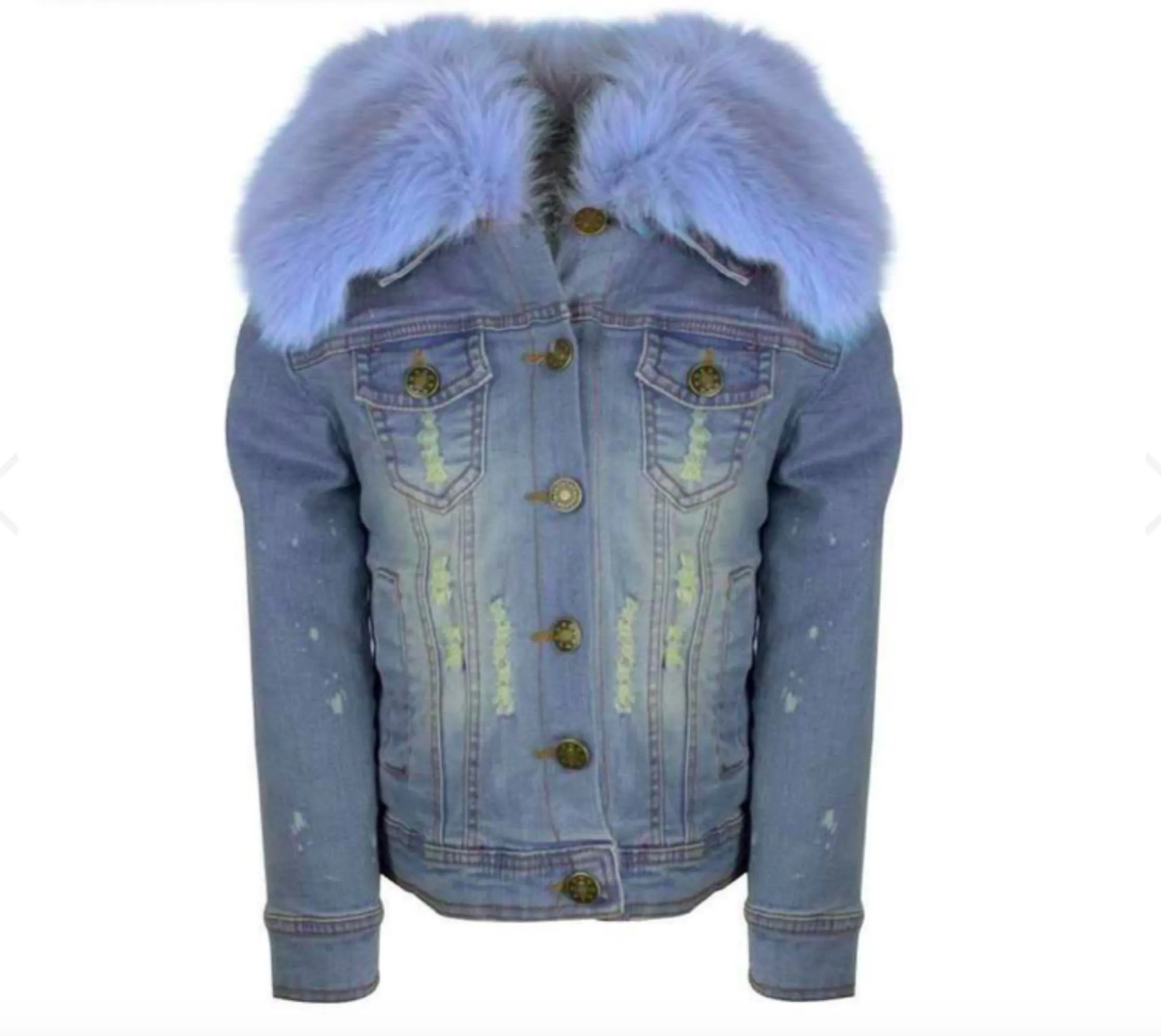 Lola and The Boys Girls Distressed Denim Fur Jacket - in 2 color choices