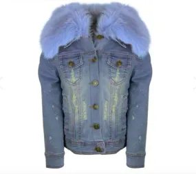 Lola and The Boys Girls Distressed Denim Fur Jacket - in 2 color choices