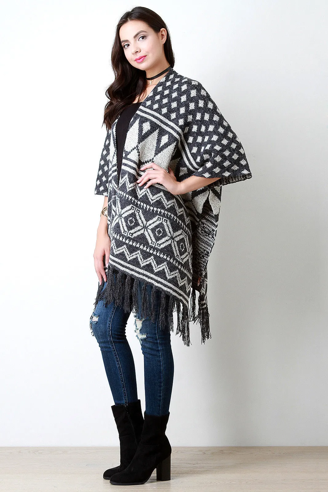 Loose Knit Multipattern Fringe Tassel Hem Poncho