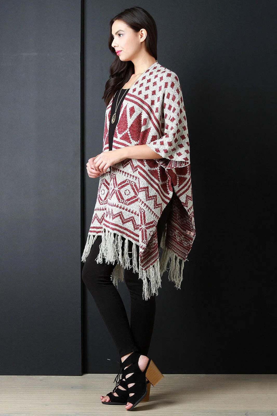 Loose Knit Multipattern Fringe Tassel Hem Poncho