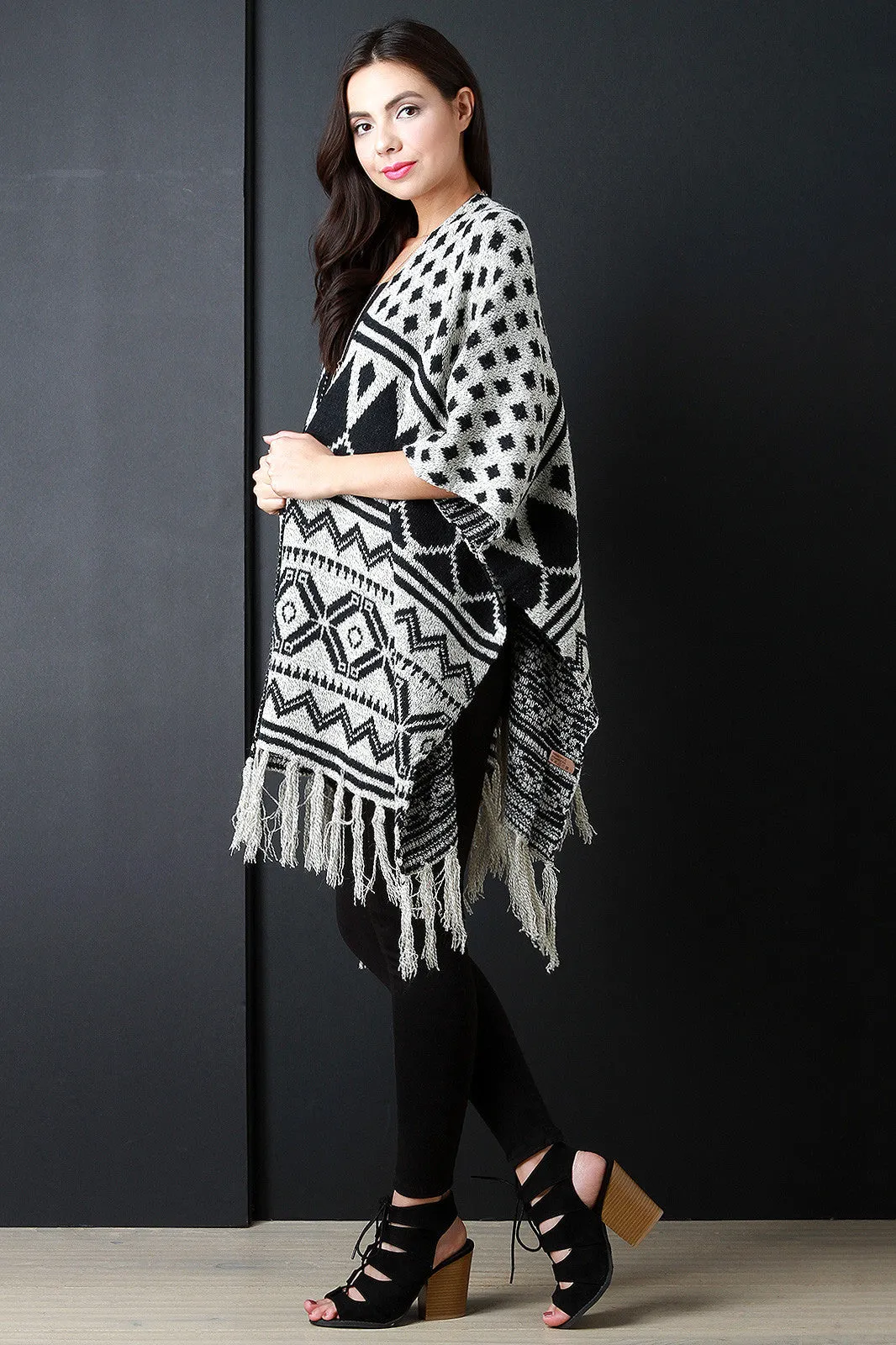 Loose Knit Multipattern Fringe Tassel Hem Poncho