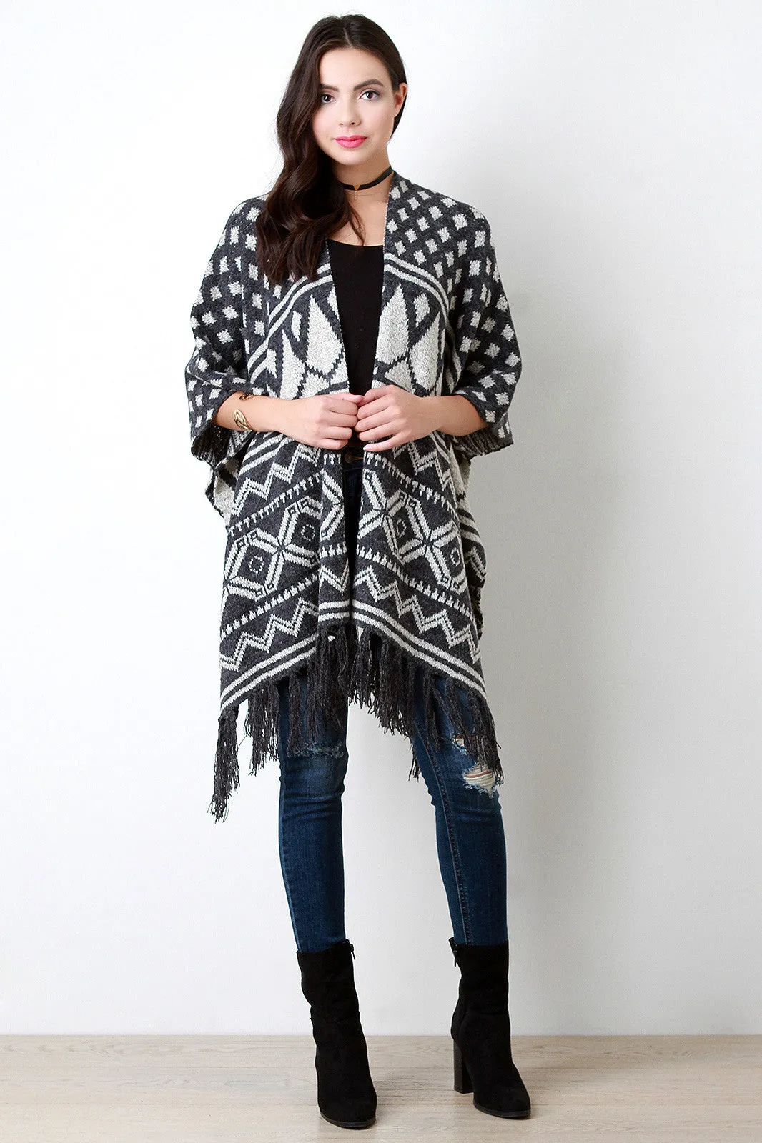 Loose Knit Multipattern Fringe Tassel Hem Poncho