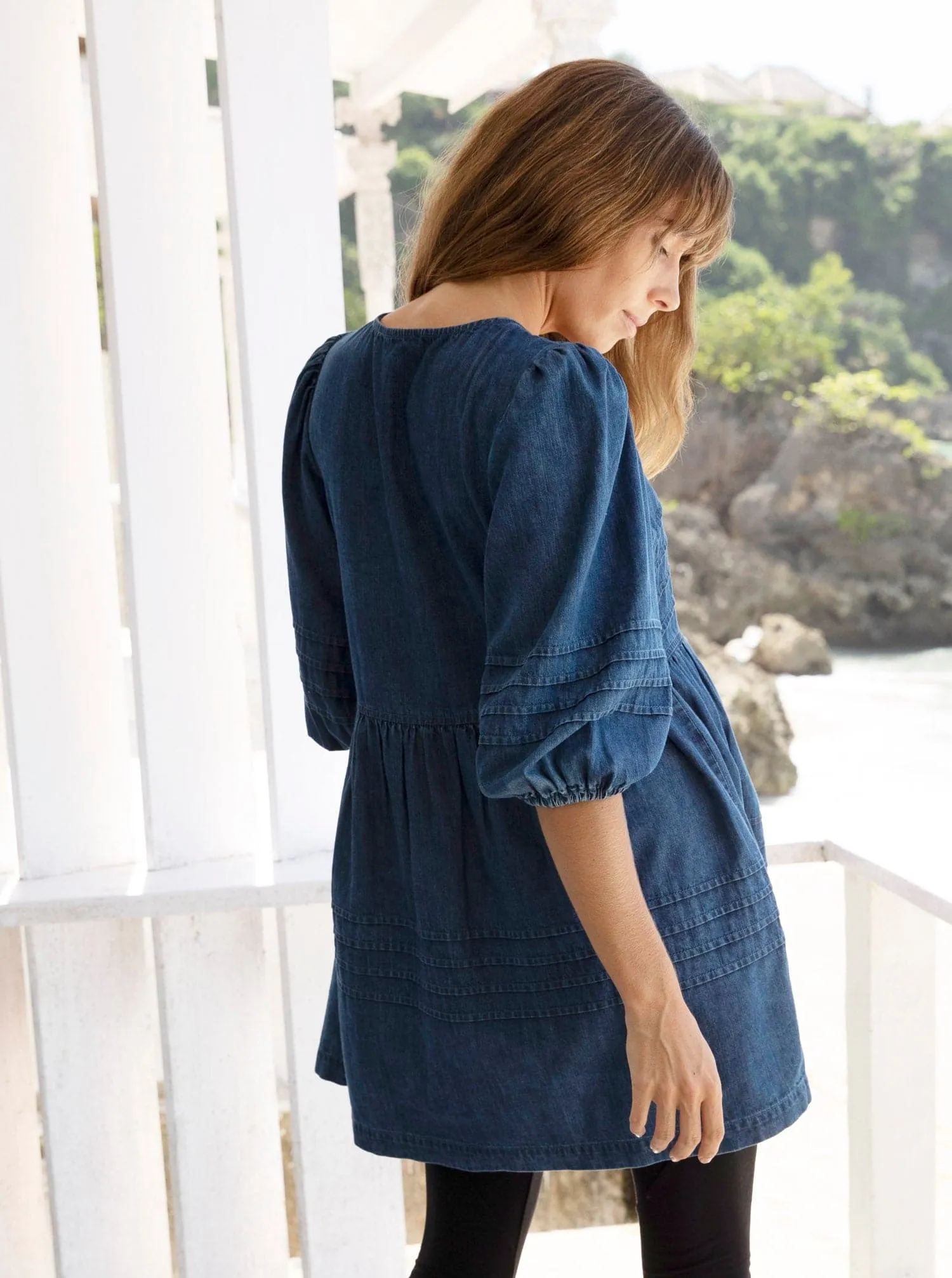 Maternity Denim Tunic Top with Puff Sleeve