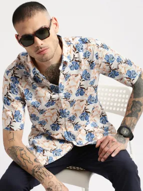 Men Spread Collar Floral Peach Casual Shirt