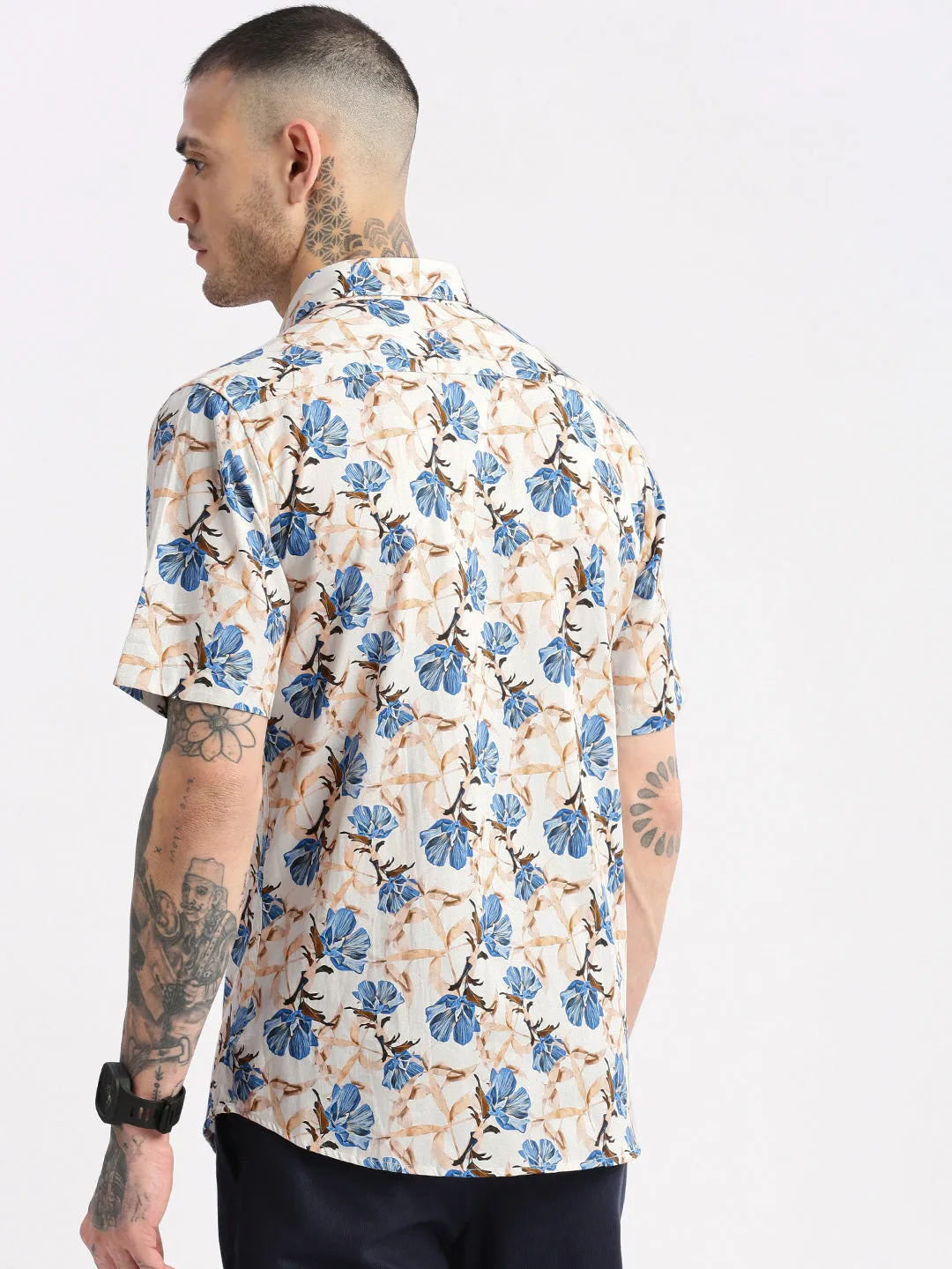 Men Spread Collar Floral Peach Casual Shirt