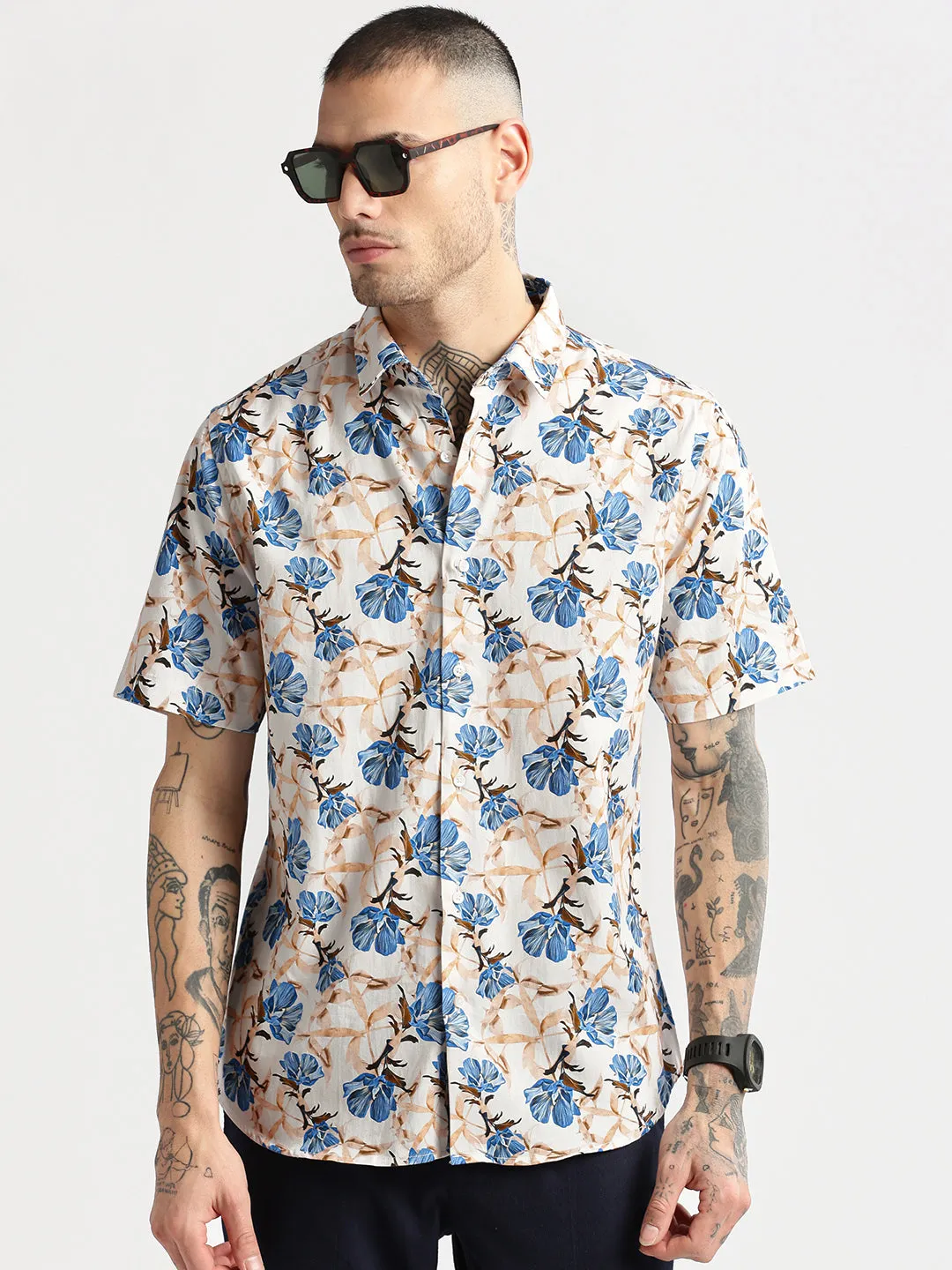 Men Spread Collar Floral Peach Casual Shirt