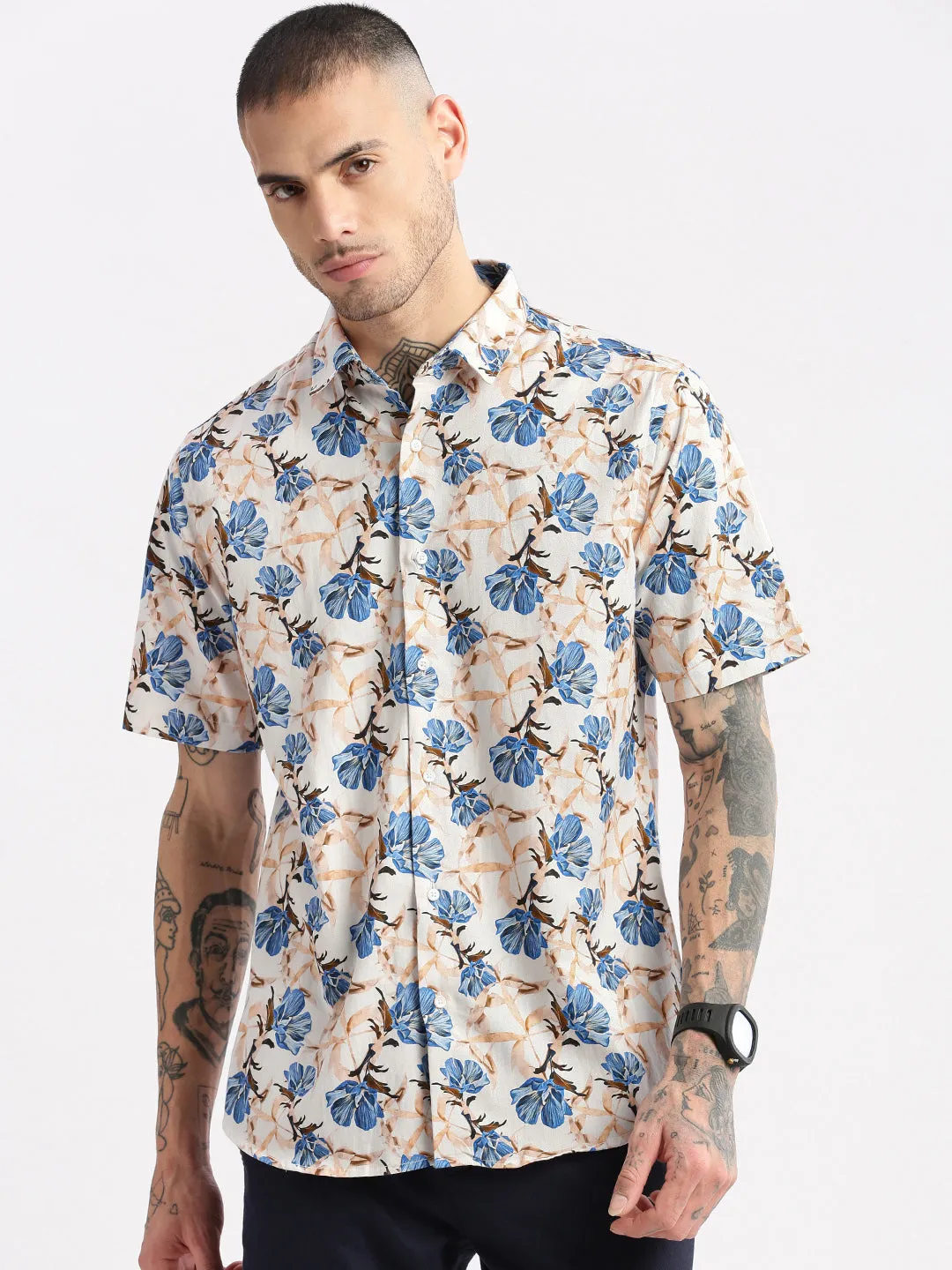 Men Spread Collar Floral Peach Casual Shirt