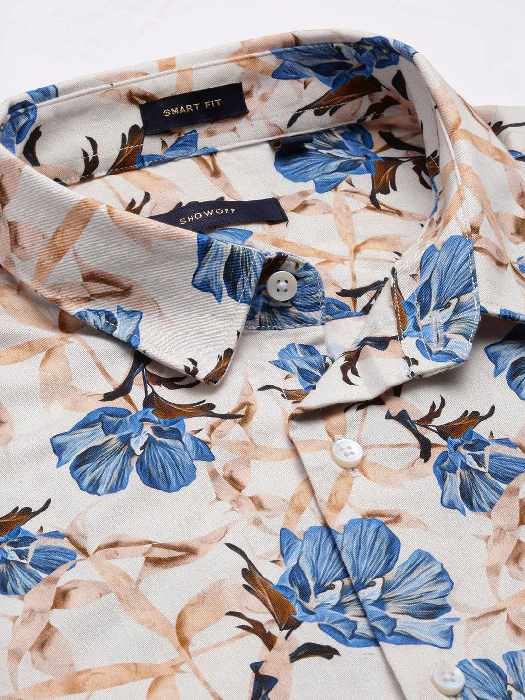 Men Spread Collar Floral Peach Casual Shirt