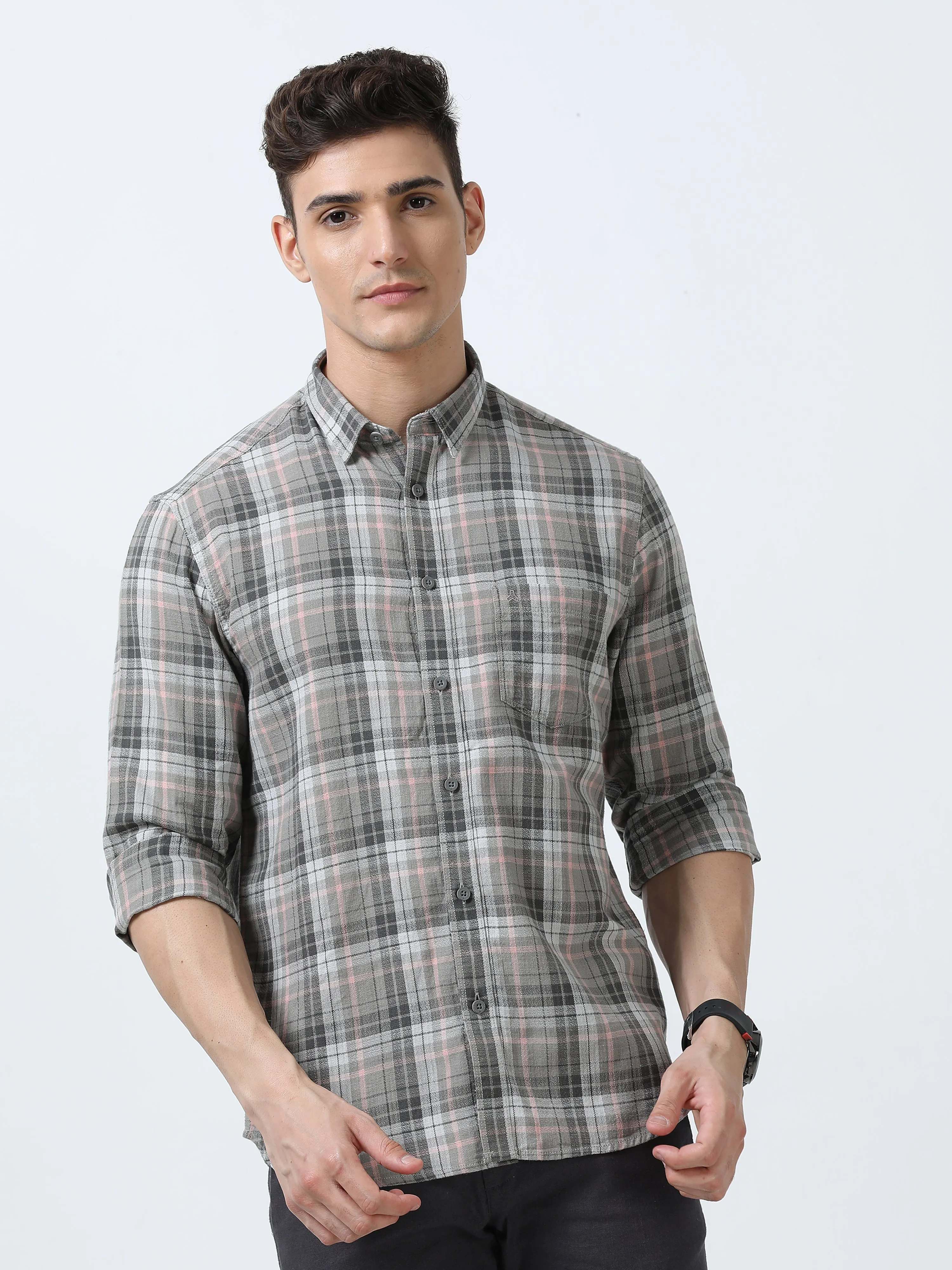 MEN'S DK.GREY CHECKS  SLIM FIT SHIRT