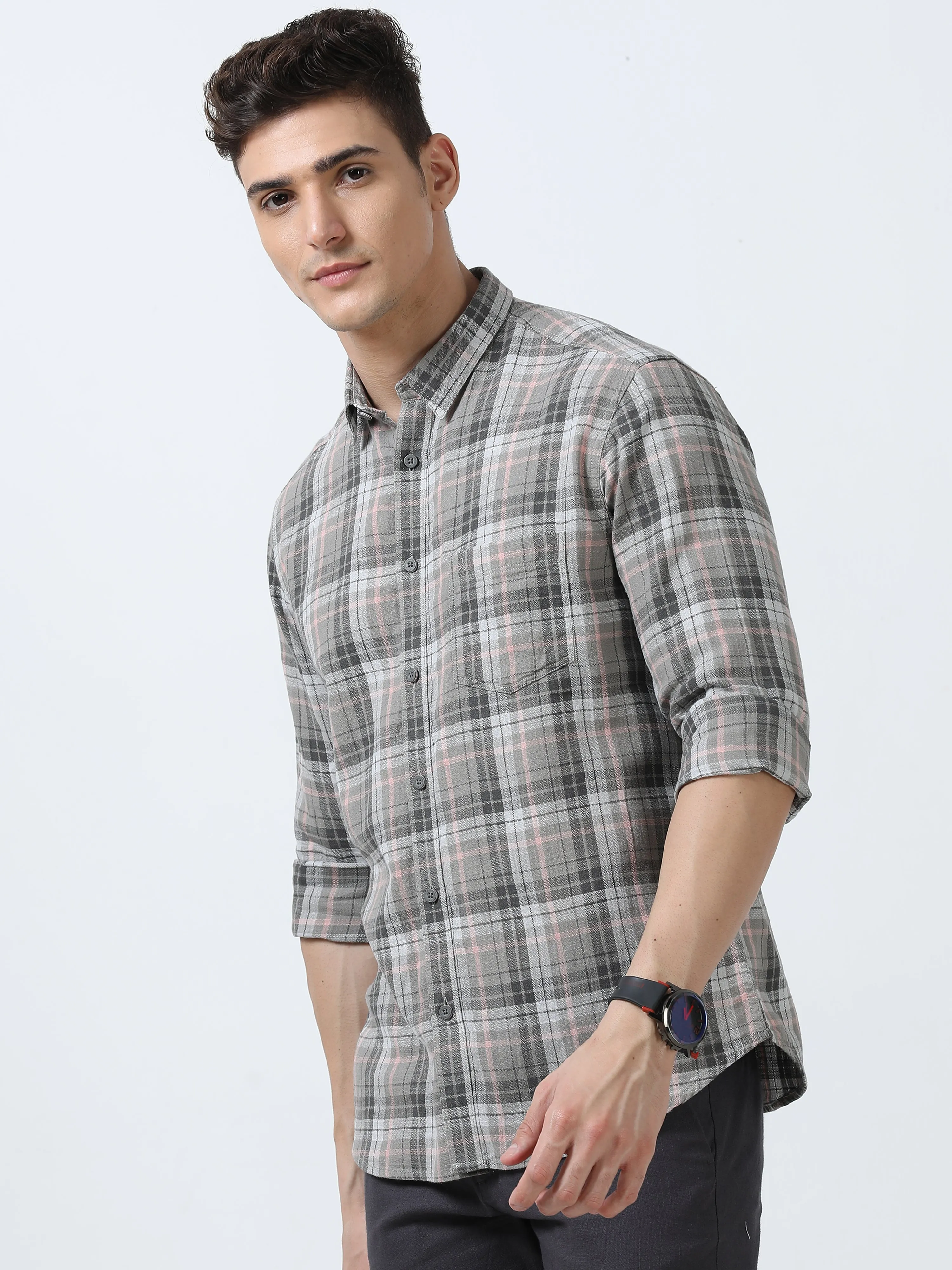 MEN'S DK.GREY CHECKS  SLIM FIT SHIRT