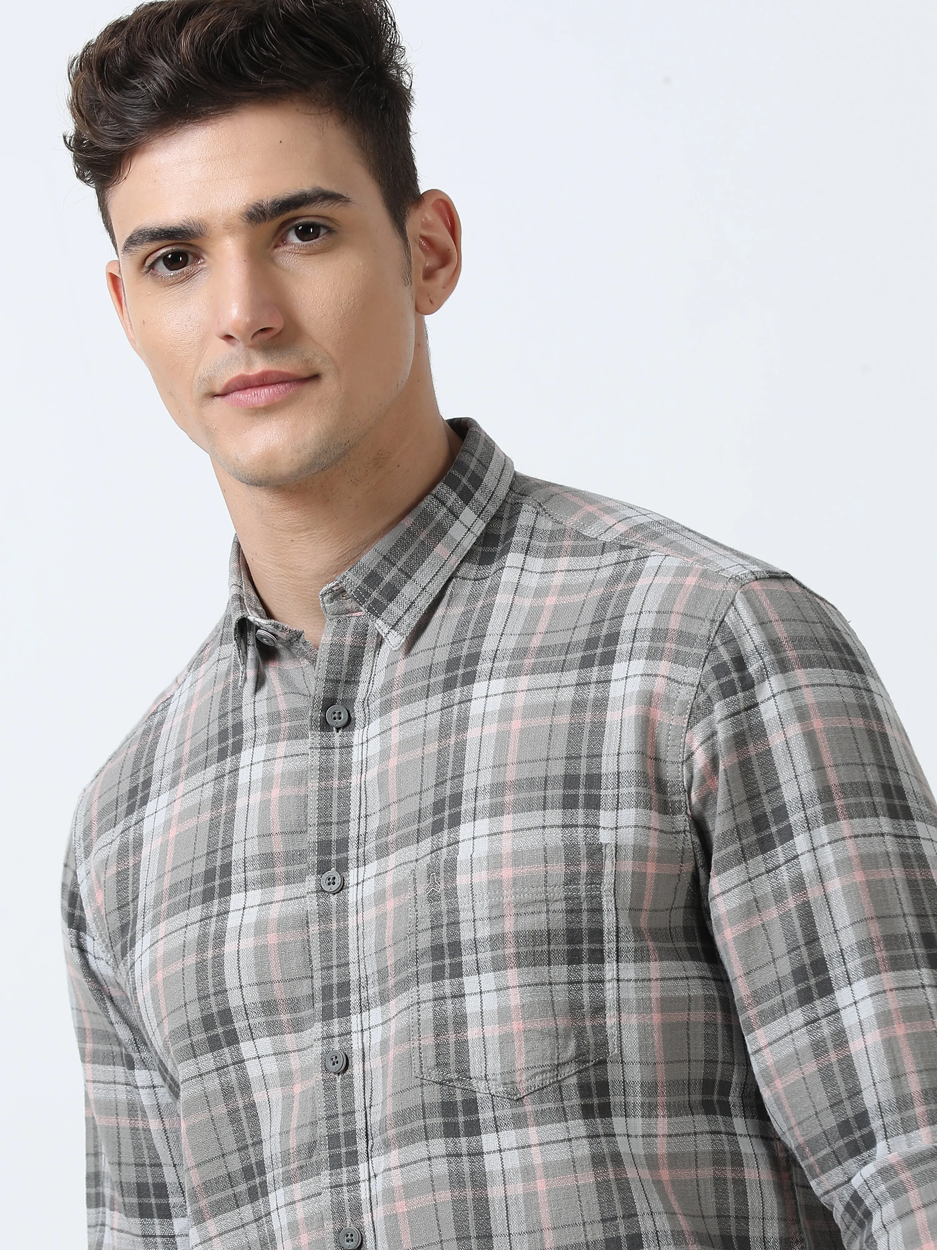 MEN'S DK.GREY CHECKS  SLIM FIT SHIRT