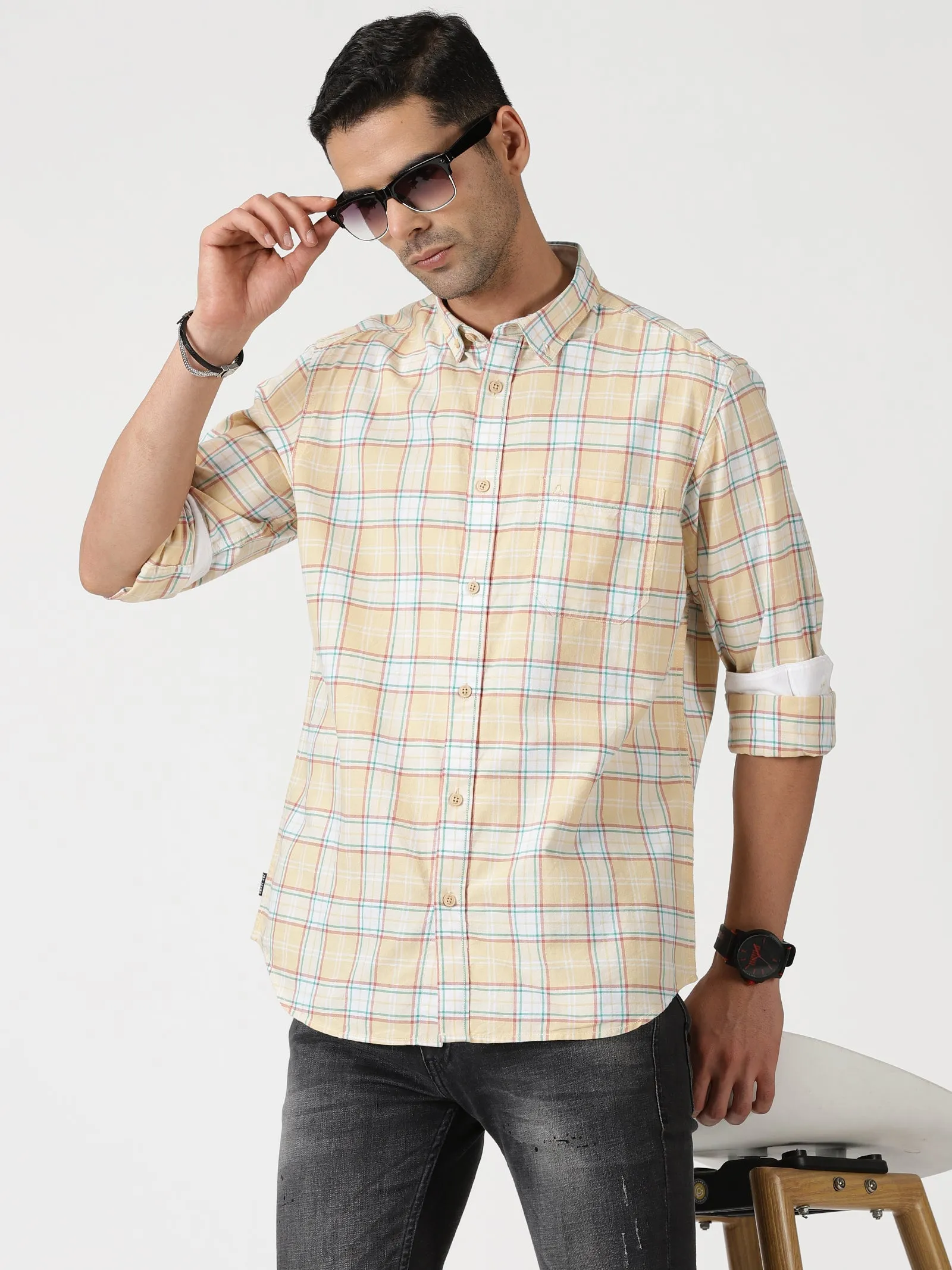 MEN'S LT ORANGE CHECKS SLIM FIT SHIRT