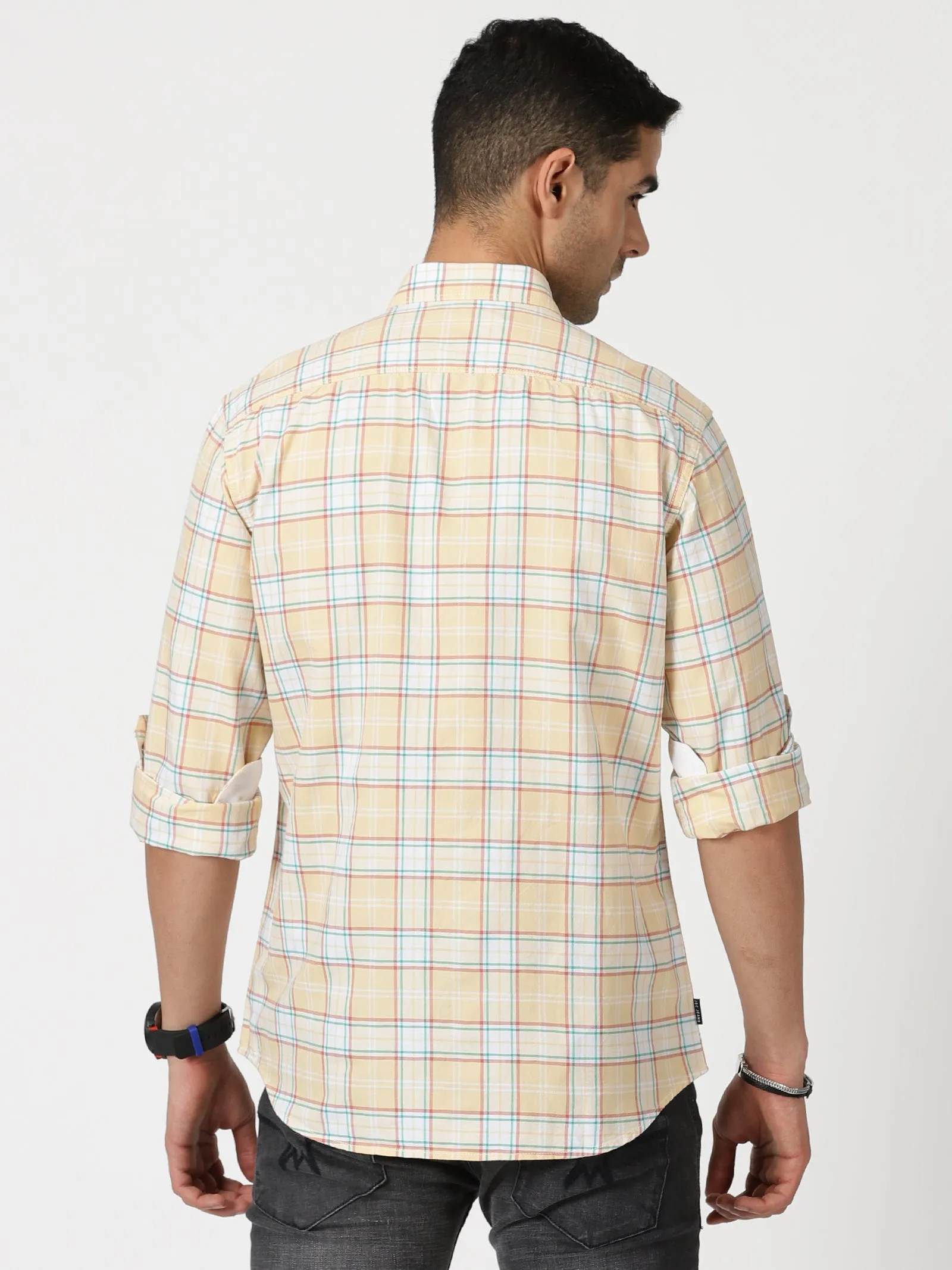 MEN'S LT ORANGE CHECKS SLIM FIT SHIRT