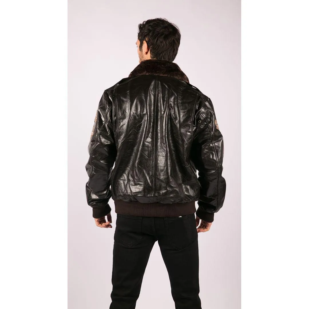 Mens Real Leather Jacket Bomber Aviator Style Badge Design Brown