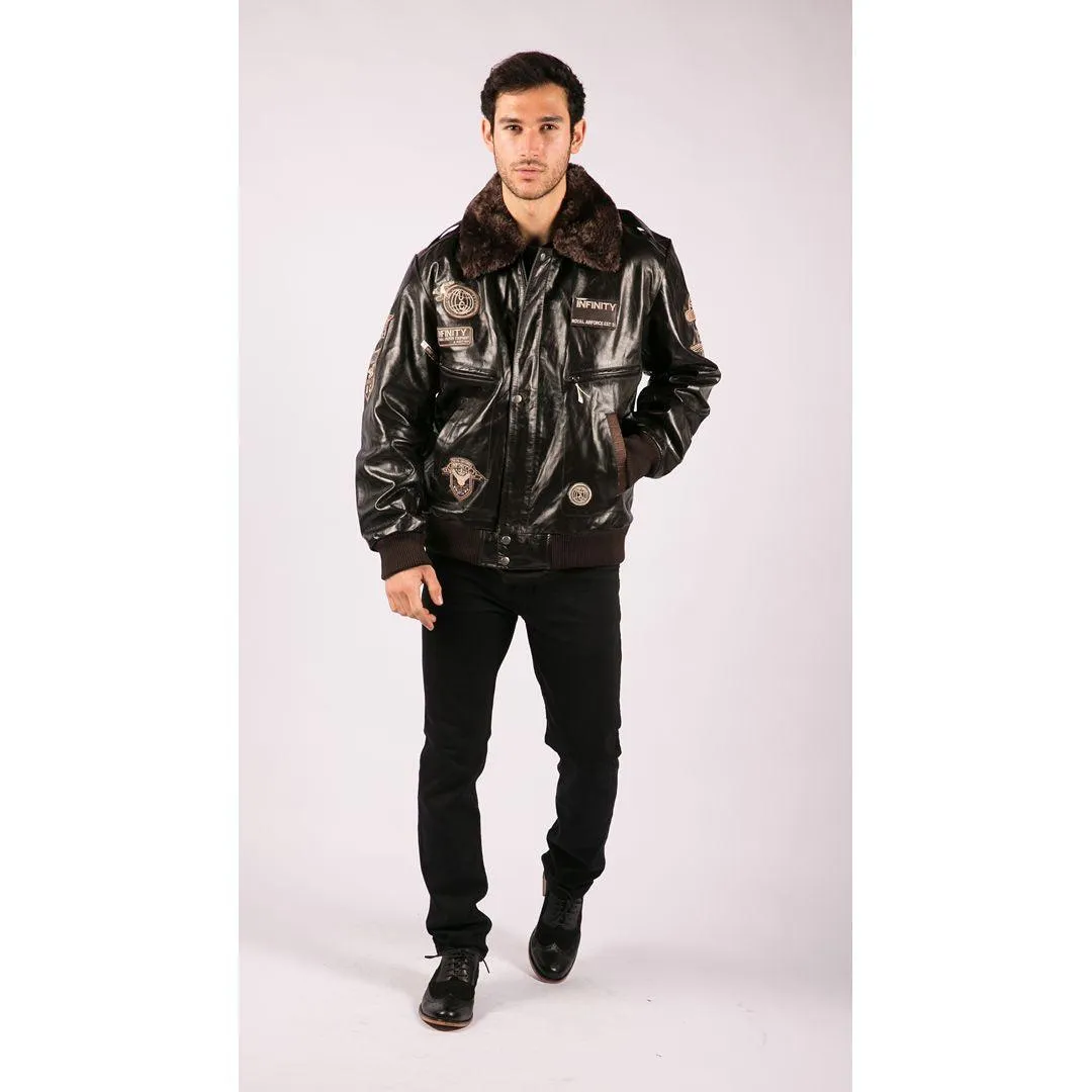 Mens Real Leather Jacket Bomber Aviator Style Badge Design Brown