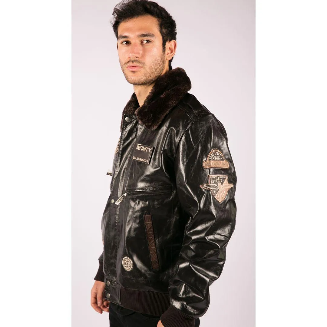 Mens Real Leather Jacket Bomber Aviator Style Badge Design Brown