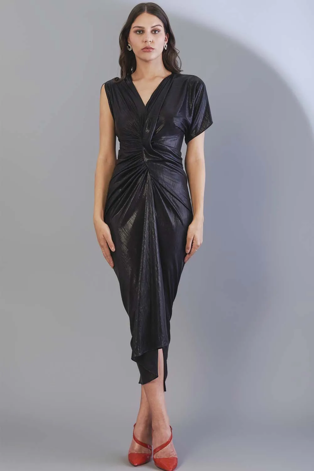 Metallic Asymmetric Sleeve Draped Midi Dress