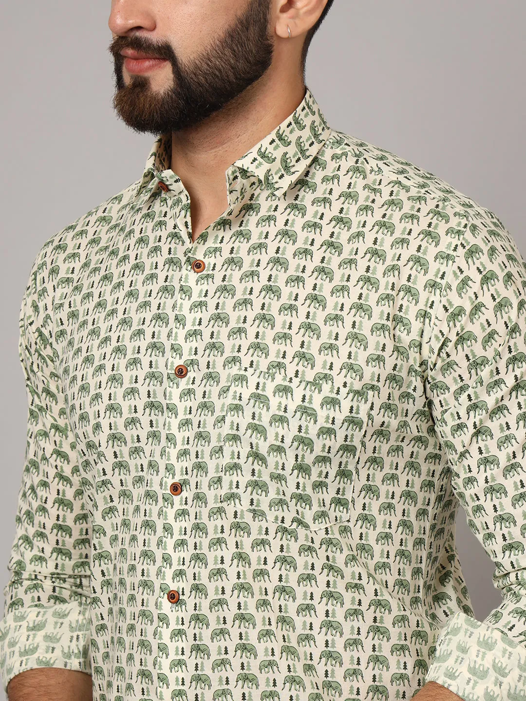 MILLENNIAL MEN Green Ethnic Motif Pure Cotton Regular Fit Casual Shirt