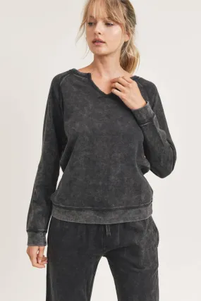 Mineral-Washed Raglan Pullover with Notched Neckline