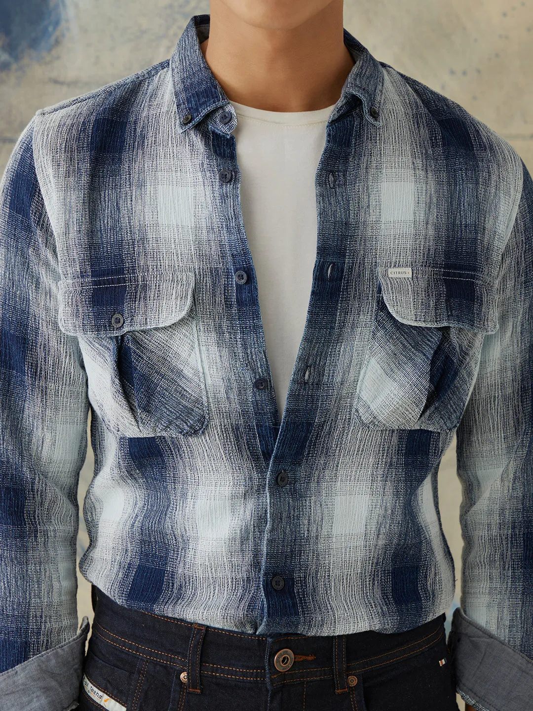 Navy Checks Double Pocket Denim Shirt