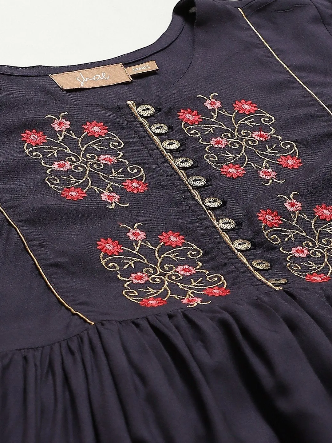 Navy Floral Embroidery Gathered Dress