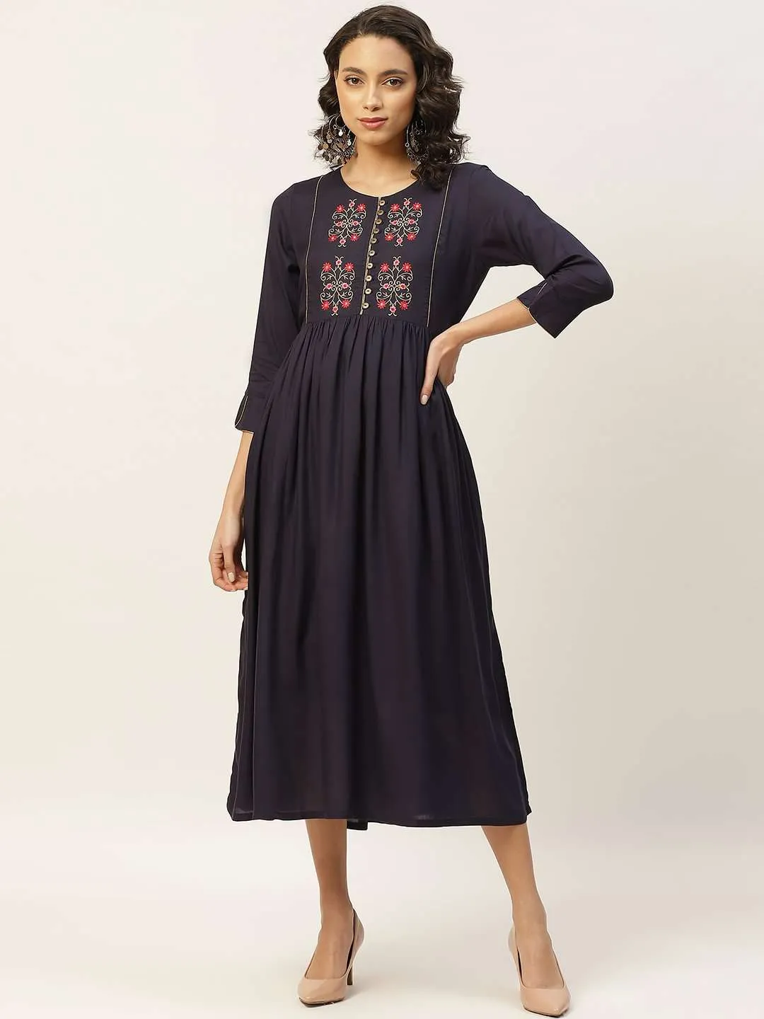 Navy Floral Embroidery Gathered Dress