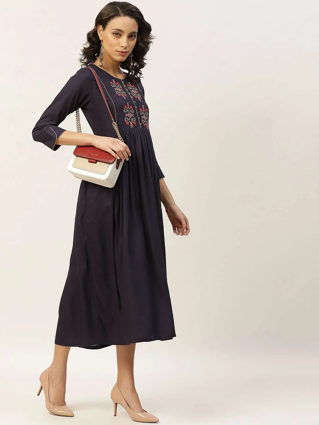 Navy Floral Embroidery Gathered Dress