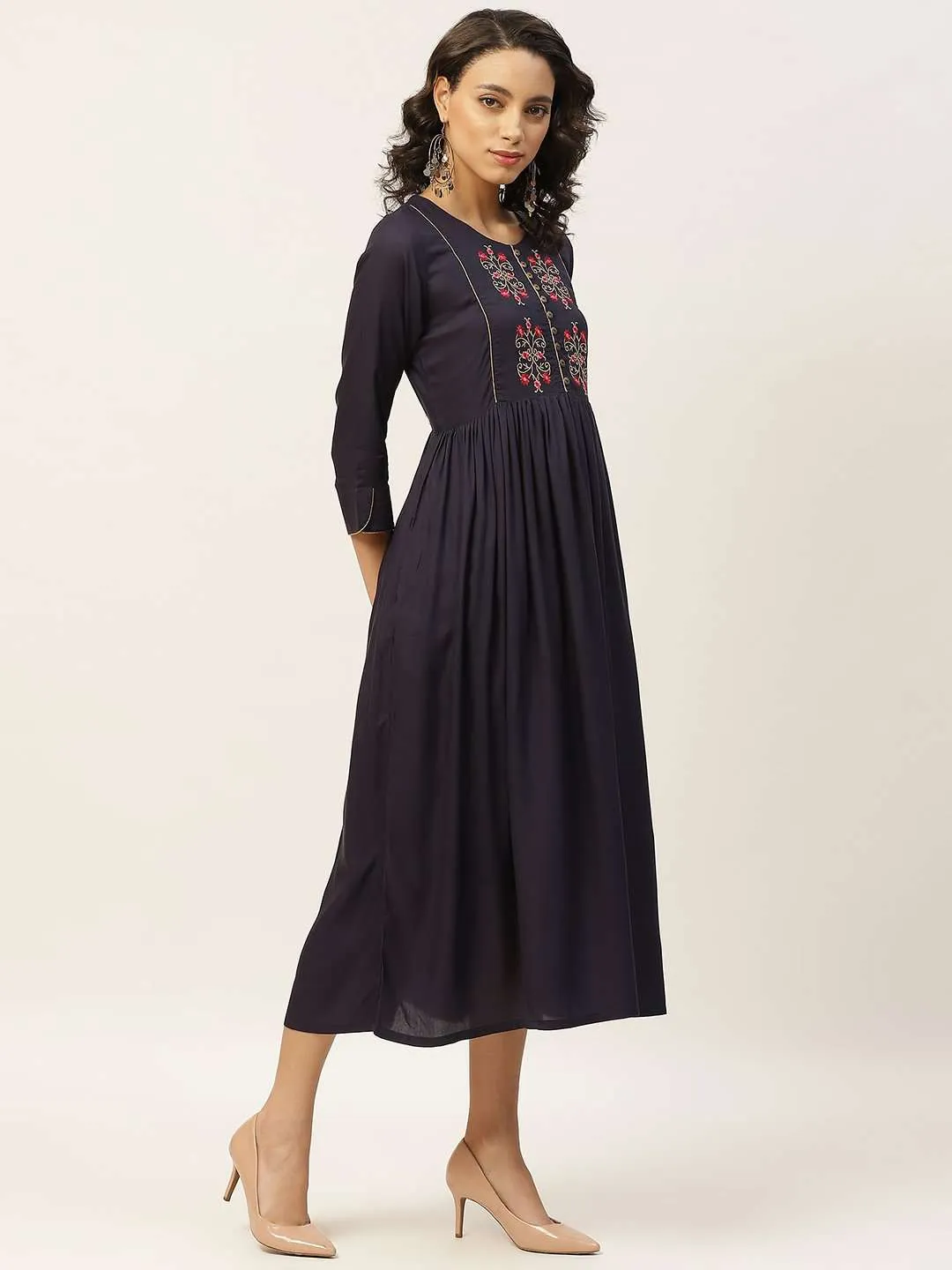 Navy Floral Embroidery Gathered Dress