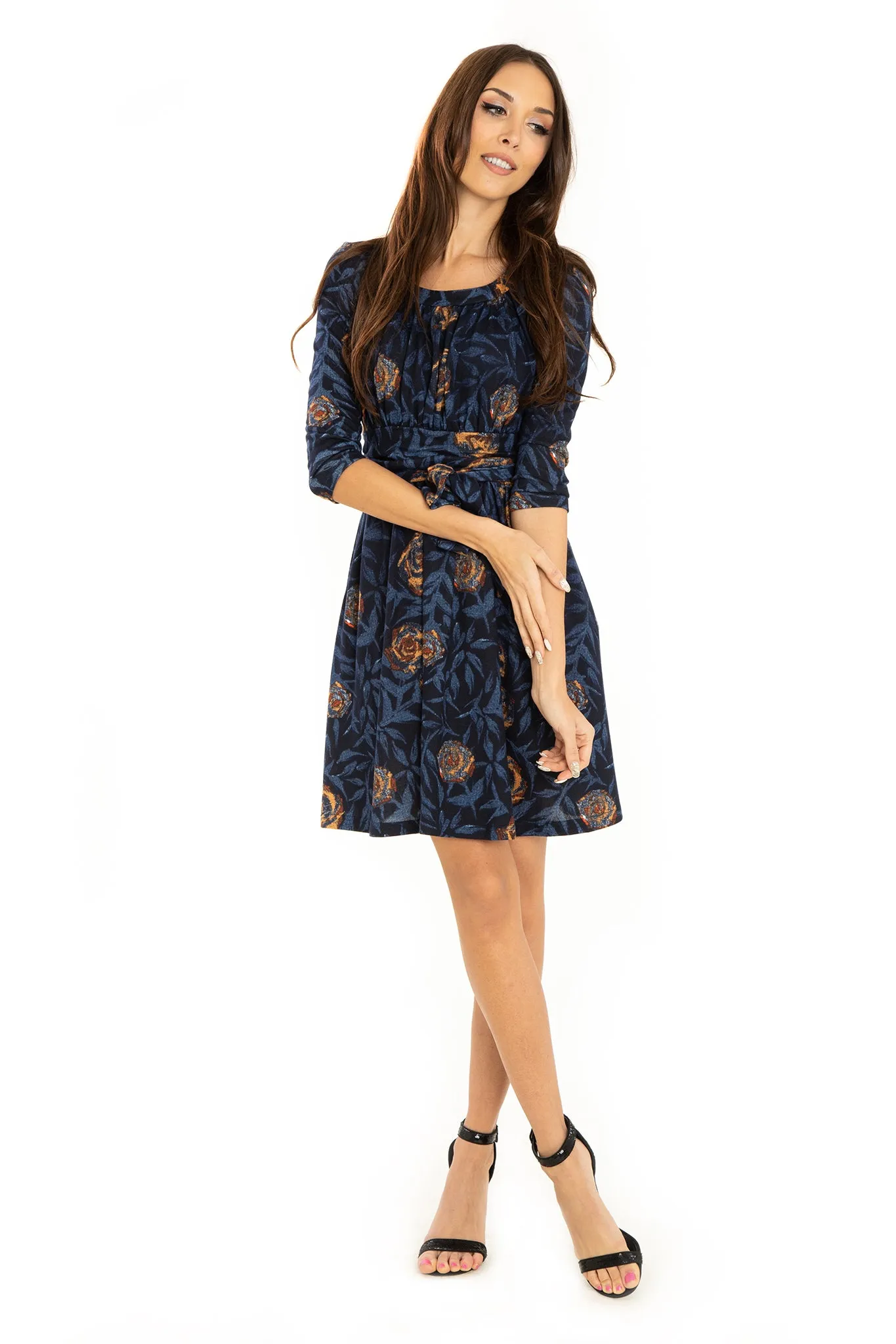 Navy Rust Stemmed Roses Knit Dress