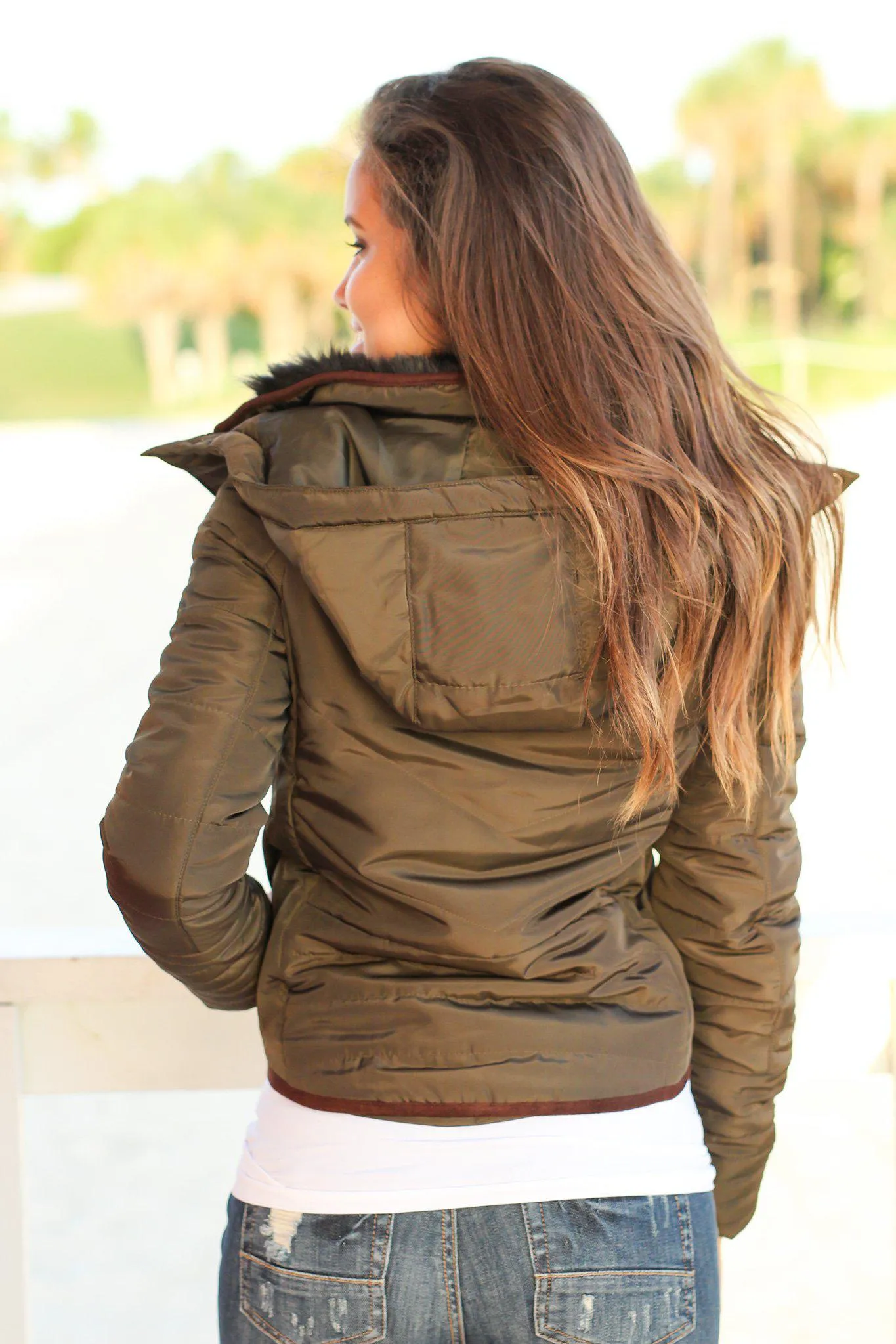 Olive Quilted Jacket with Fur Collar