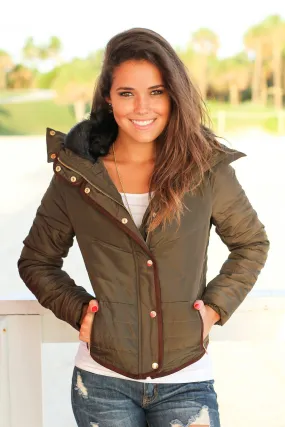 Olive Quilted Jacket with Fur Collar