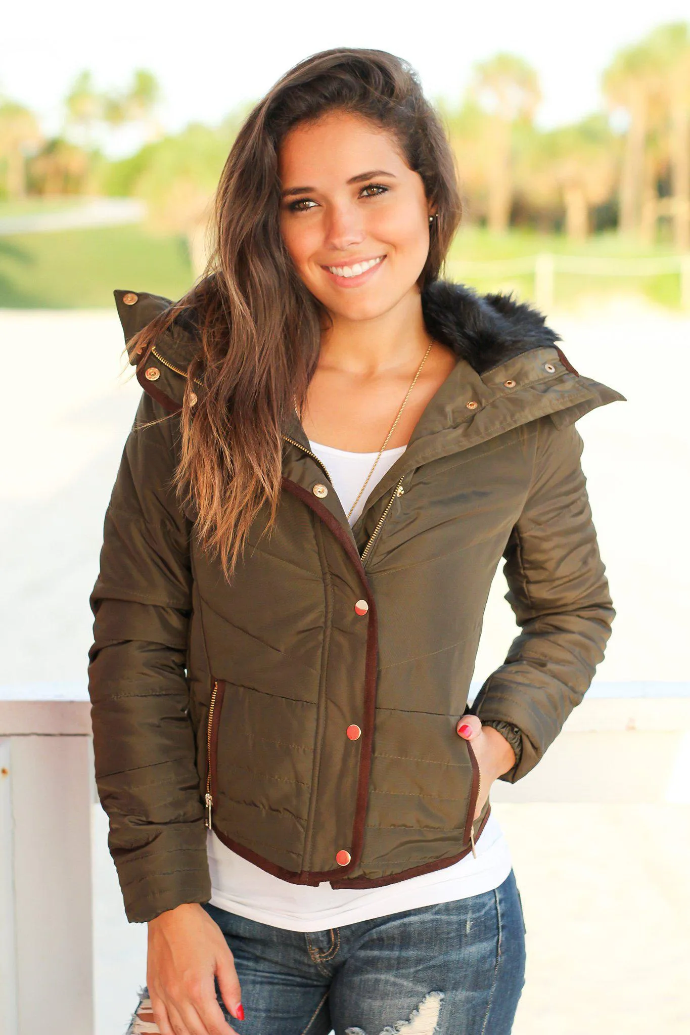 Olive Quilted Jacket with Fur Collar