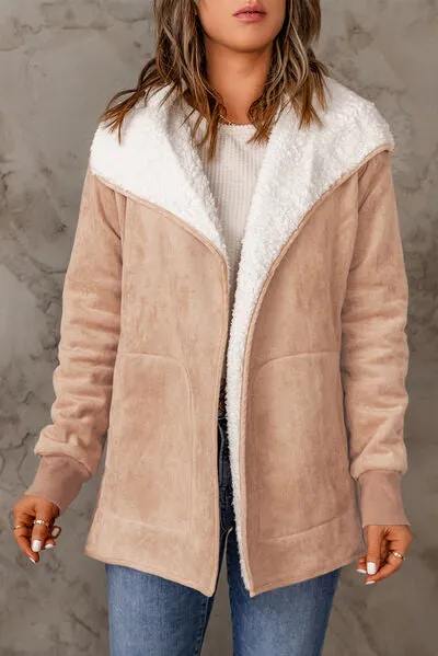 Open Front Long Sleeve Sherpa Jacket with Pockets