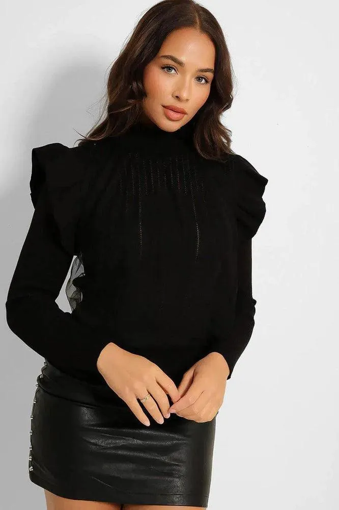 Organza Layer High Neck Frilled Pullover