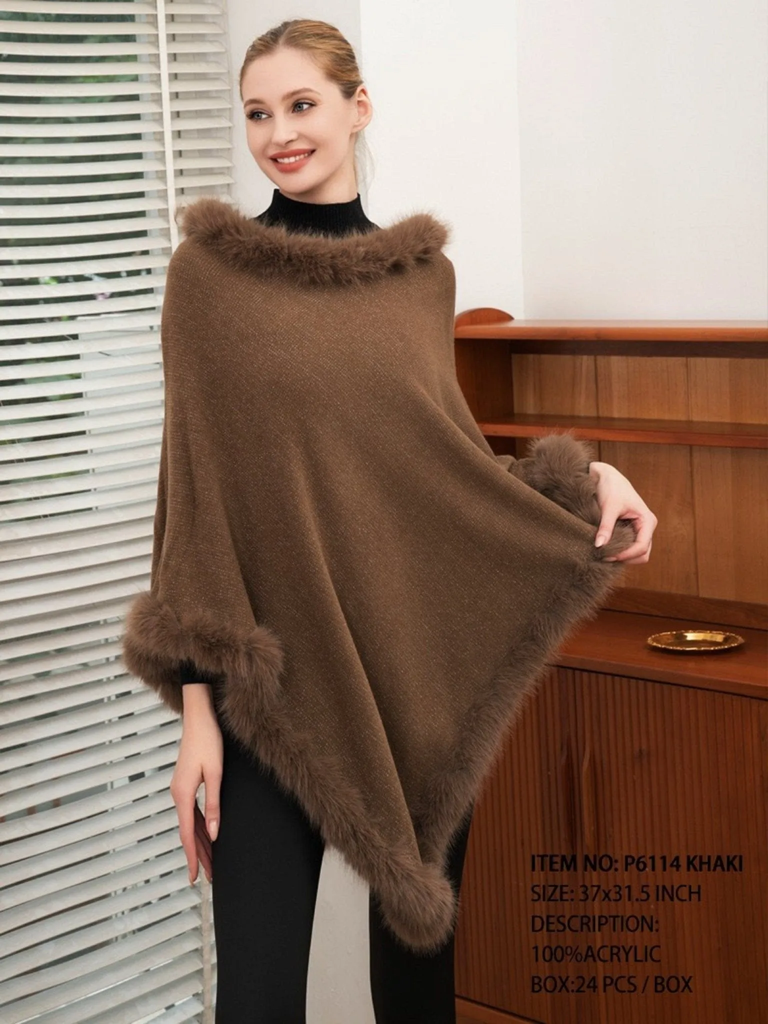 P6114 Caroline Faux Fur Trim Poncho