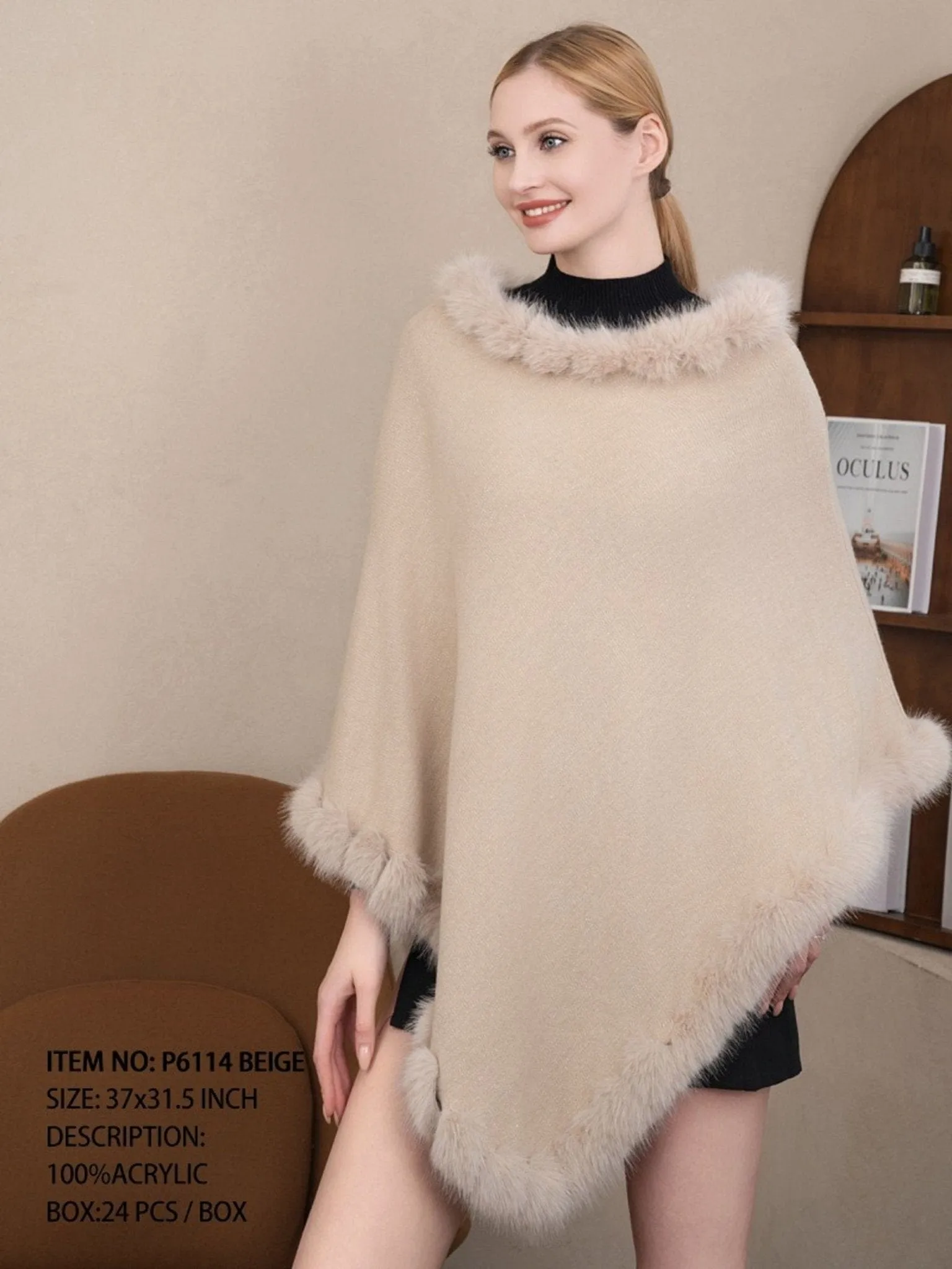 P6114 Caroline Faux Fur Trim Poncho