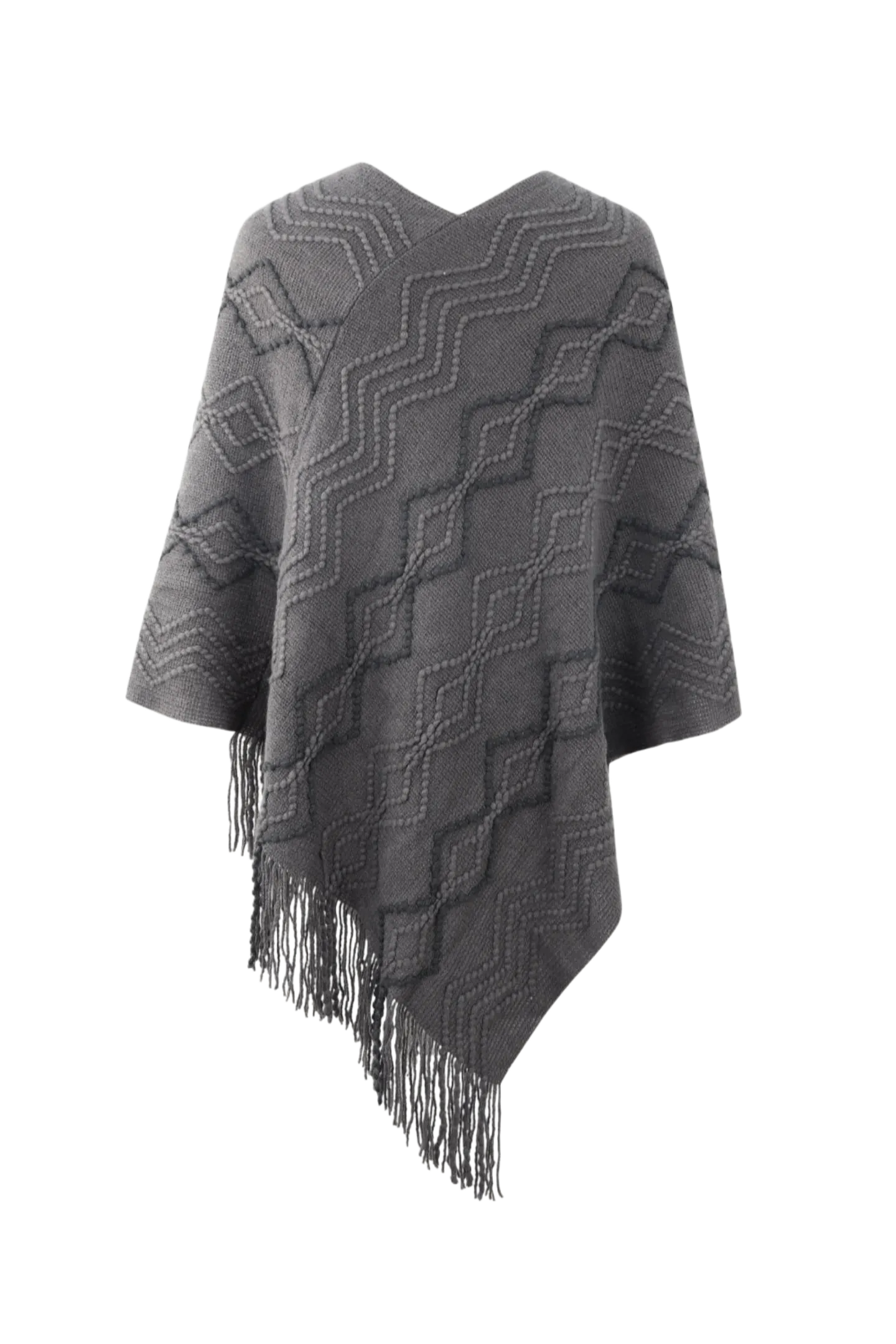 Pearl Trim V-Neck Fringe Hem Poncho