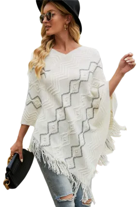 Pearl Trim V-Neck Fringe Hem Poncho