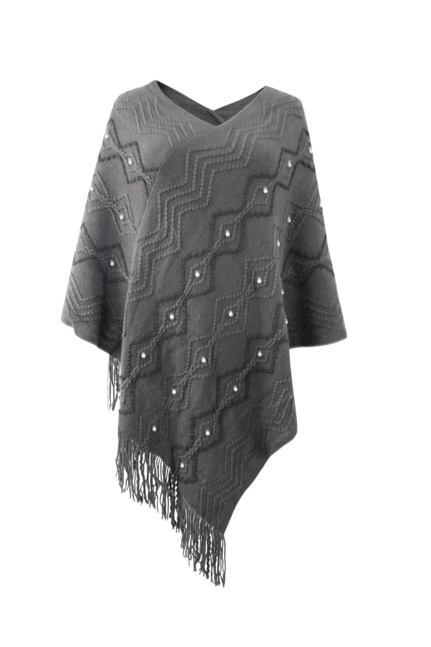 Pearl Trim V-Neck Fringe Hem Poncho