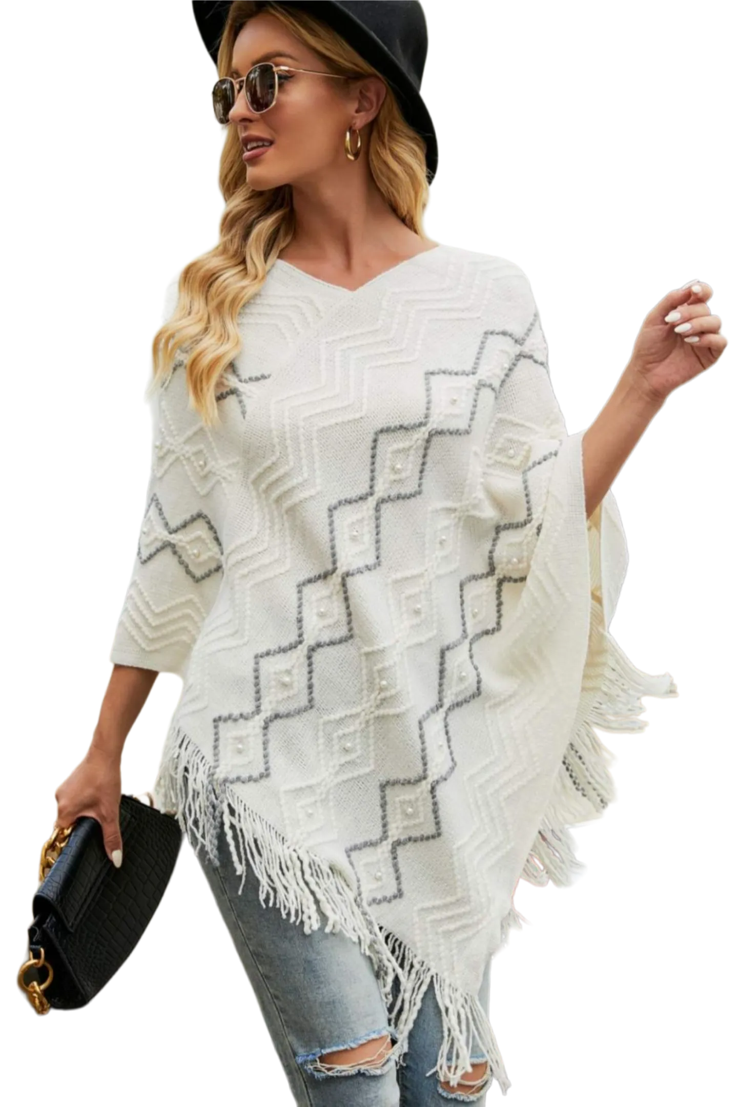 Pearl Trim V-Neck Fringe Hem Poncho