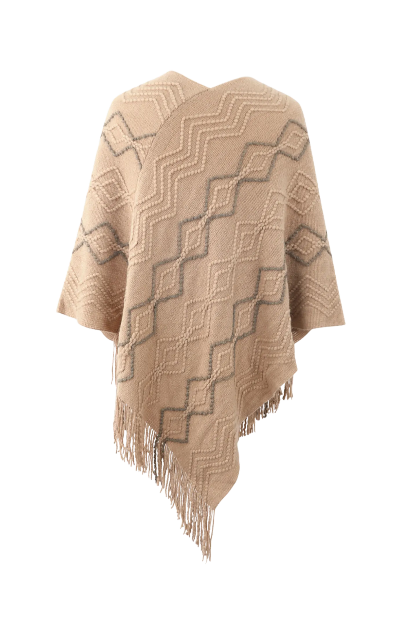 Pearl Trim V-Neck Fringe Hem Poncho