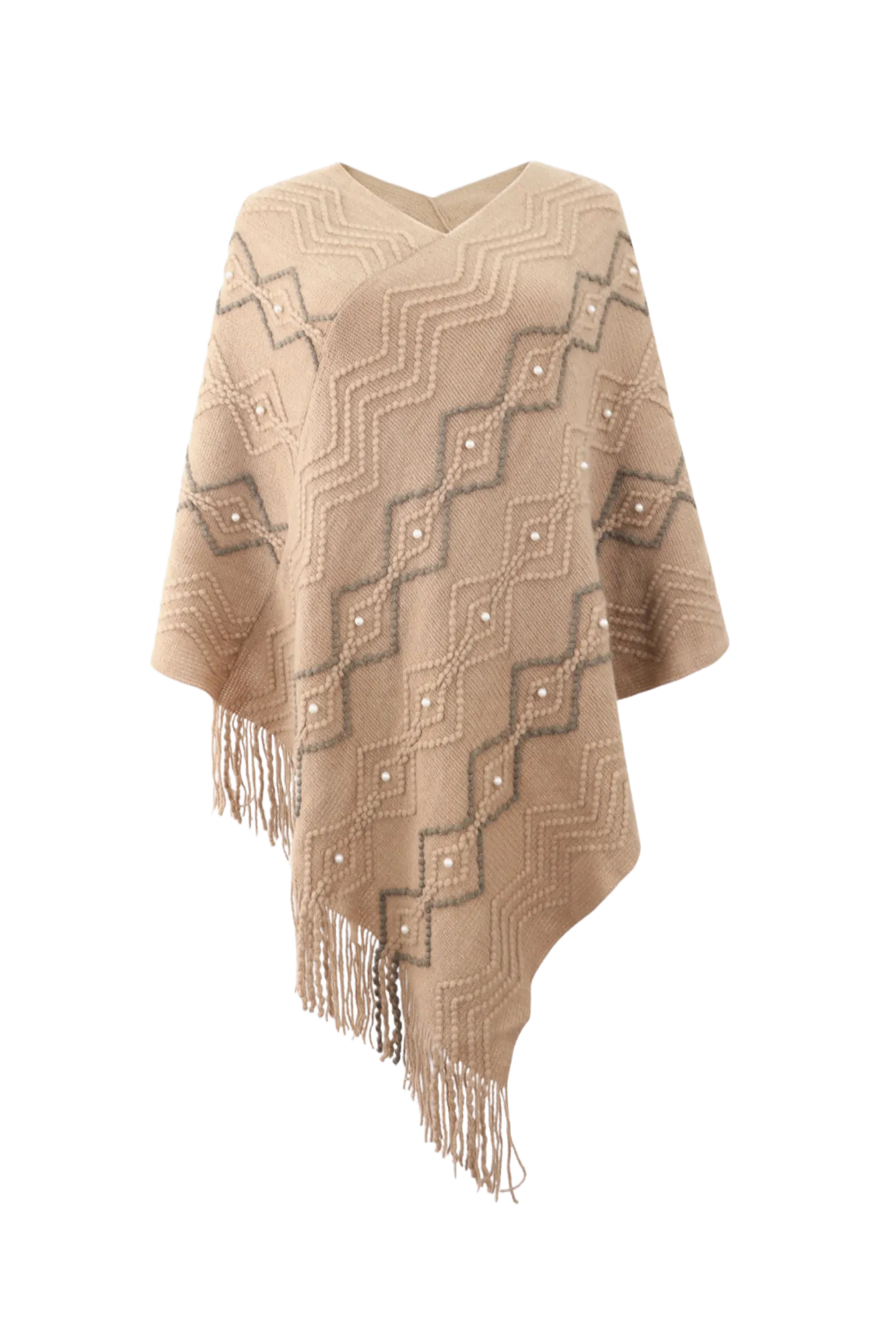 Pearl Trim V-Neck Fringe Hem Poncho