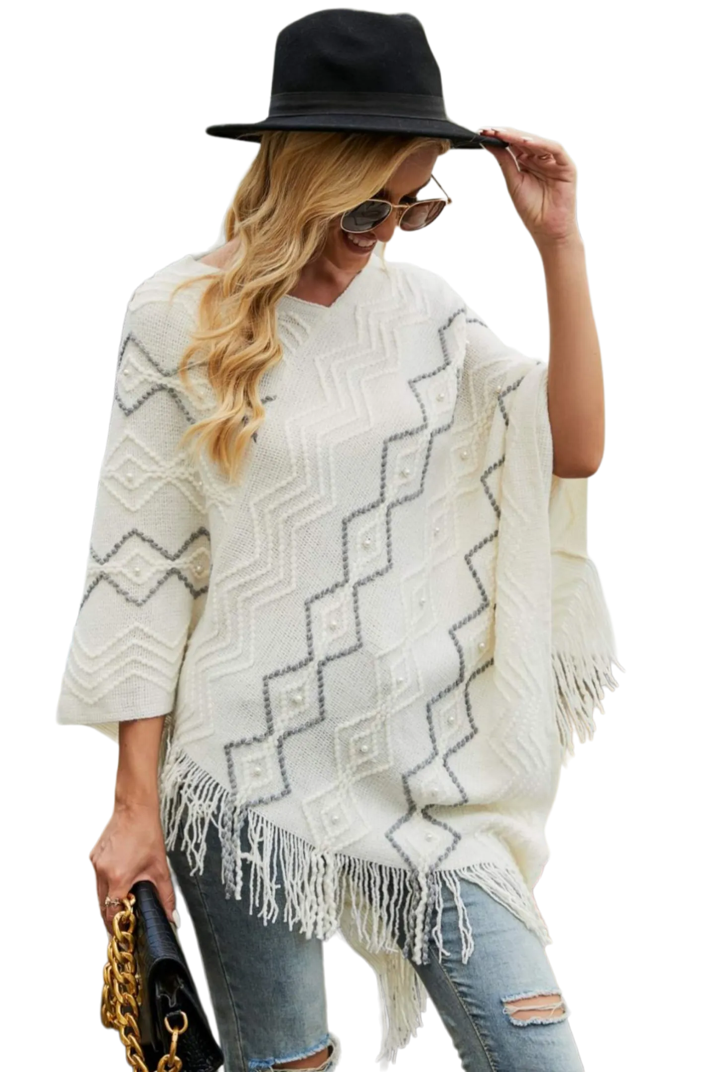 Pearl Trim V-Neck Fringe Hem Poncho